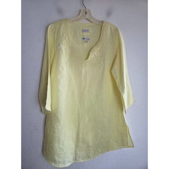 Malvin Hamburg Yellow Embroidered V-Neck 100% Linen Tunic Blouse size Large - Picture 1 of 6